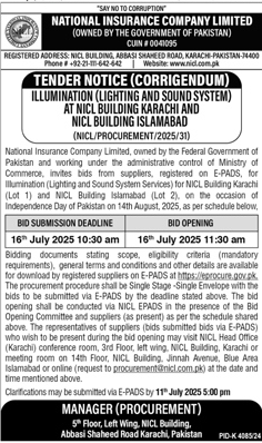 National Insurance Company Limited Karachi Tender Notice